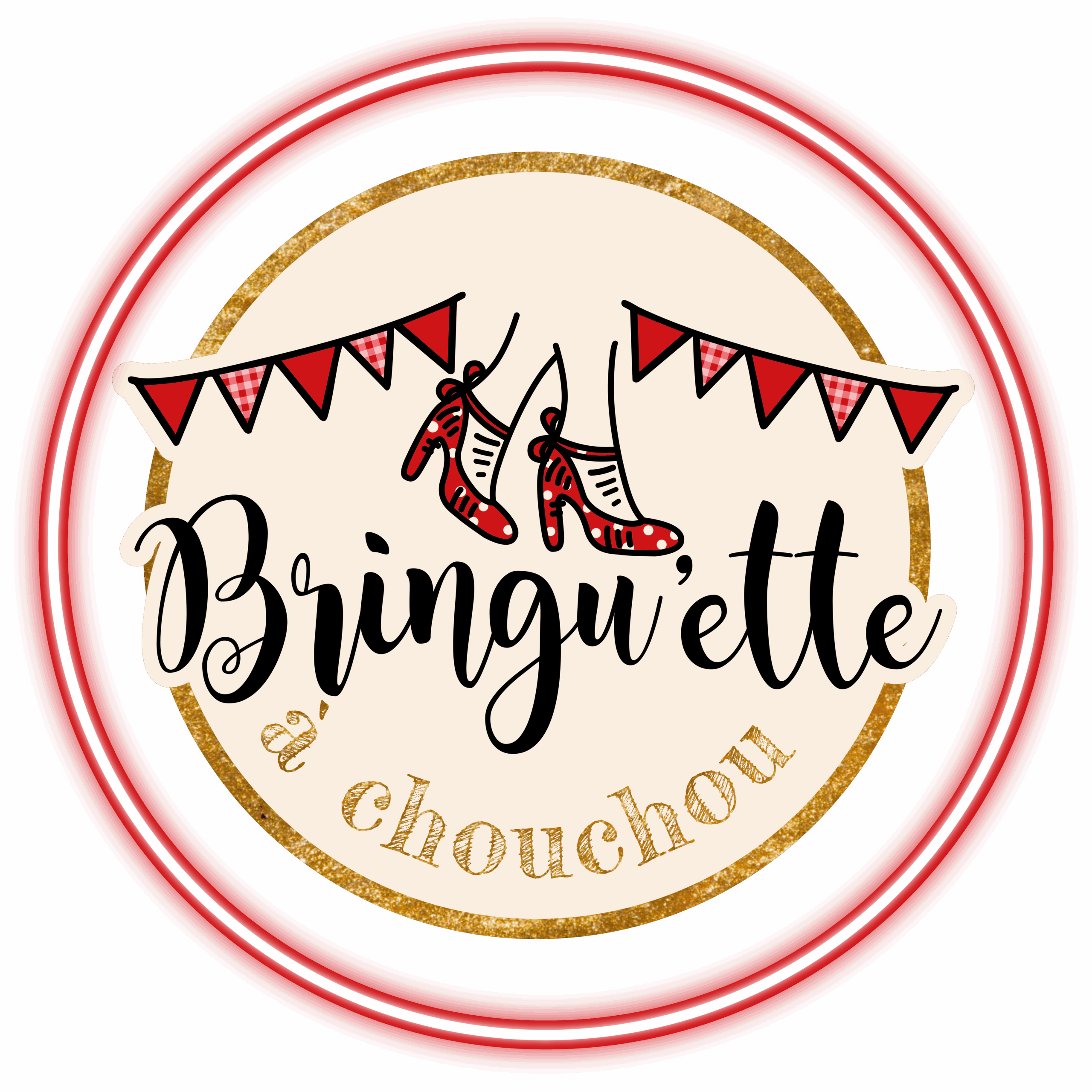 Logo du restaurant La Bringuette a Chouchou, à Angers-Beaucouzé : cercles beige et rouge illuminé sur fond noir. Chaussures à talons rouges vintage et fanions esprit guinguette.