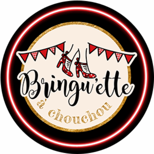 Logo du restaurant La Bringuette a Chouchou, à Angers-Beaucouzé : cercles beige et rouge illuminé sur fond noir. Chaussures à talons rouges vintage et fanions esprit guinguette.