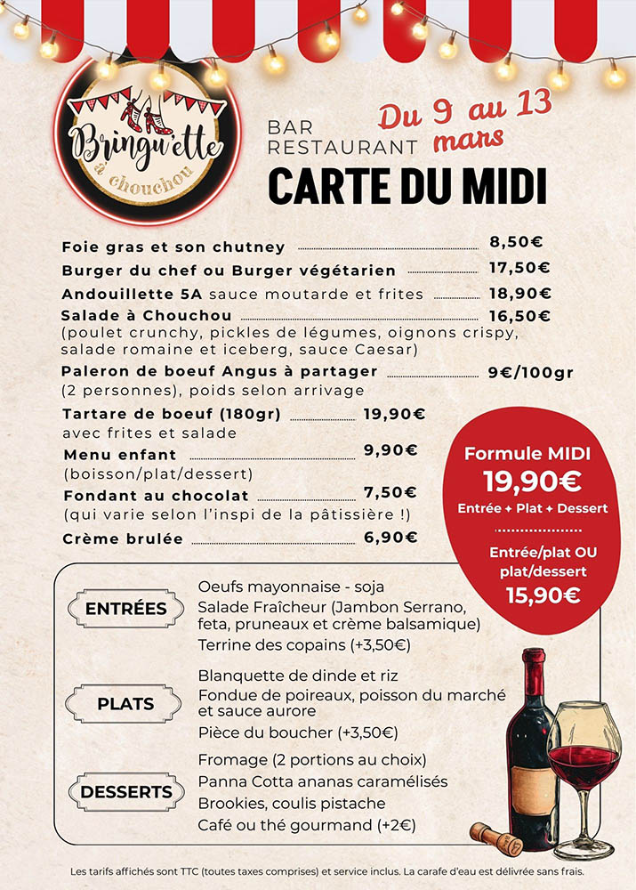 Carte du midi, de la semaine du 5 au 9 janvier avec entrée, plat, dessert, suggestion du chef...